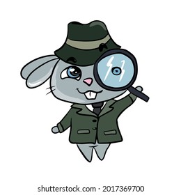 Vector children's holiday design on a white isolated background for postcards banners.Funny and cute bunny detective in a raincoat hat with a magnifying glass looks, stickers.