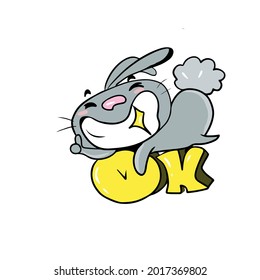 Vector children's holiday design on a white isolated background for postcards banners.Funny and cute bunny and text ok, stickers.