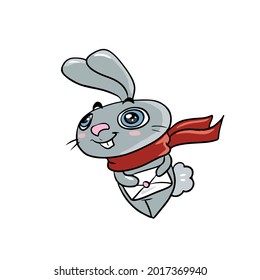Vector children's holiday design on a white isolated background for postcards banners.A funny and cute bunny in a scarf holds a letter, stickers.