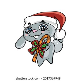 Vector children's holiday design on a white isolated background for postcards banners.Funny and cute bunny in a hat and a Christmas lollipop, stickers.