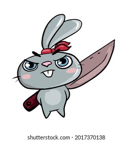 Vector children's holiday design on a white isolated background for postcards banners.Funny and cute bunny holds a knife behind his back, stickers.