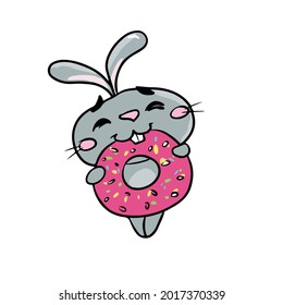 Vector children's holiday design on a white isolated background for postcards banners.Funny and cute bunny eats a donut, stickers.
