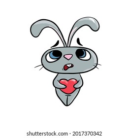 Vector children's holiday design on a white isolated background for postcards banners.A funny and cute bunny holds a heart, stickers.