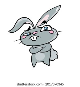 Vector children's holiday design on a white isolated background for postcards banners.Funny and cute bunny is not happy, stickers.
