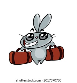 Vector children's holiday design on a white isolated background for postcards banners.Funny and cute bunny get ready for vacation, stickers.