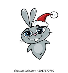 Vector children's holiday design on a white isolated background for postcards banners.Funny and cute bunny in a Christmas hat, stickers.