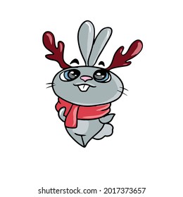 Vector children's holiday design on a white isolated background for postcards banners.Funny and cute bunny with deer horns, stickers.