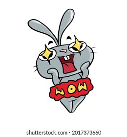 Vector children's holiday design on a white isolated background for postcards banners.Funny and cute bunny in admiration and wow text, stickers.