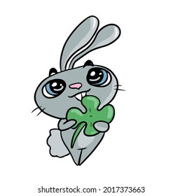 Vector children's holiday design on a white isolated background for postcards banners.A funny and cute bunny holds a four-colored clover for good luck ,stickers.
