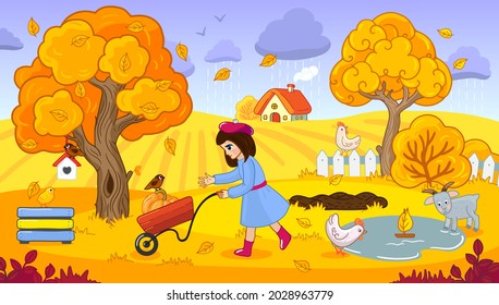 Vector children's illustration of autumn on the farm. The girl is harvesting. Nature, Seasons in the garden. Cute cartoon style farm picture.