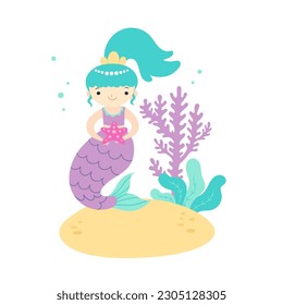 Vector children's illustration of a beautiful mermaid on the ocean floor. Cute sea princess on a background of seaweed in a flat style.