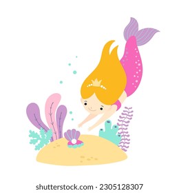 Ilustración infantil vectorial de una hermosa sirena nadando a una concha con perlas. Princesa de mar suave con una concha en el fondo de algas de un estilo plano.
