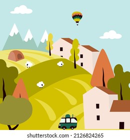 Vector children's illustration with a bright drawing with a car, a house and nature.