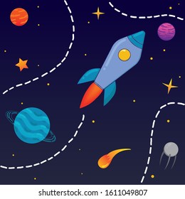 vector children's illustration, cartoon rocket in space, planets, stars