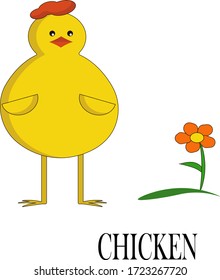 Vector children's illustration. Chicken with a flower. Cartoon illustration on a white background for logos, icons, postcards.