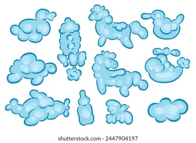 Vector children's illustration with clouds of different silhouettes in blue on a white background. Suitable for newborns. Clouds in the form of animals, birds, toys