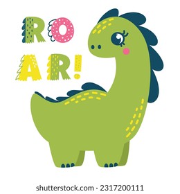 Vector children's illustration. Cute brachiosaurus and the inscription ROAR. Print for children's products. Vector illustration