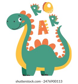 Ilustración de niños Vector. Lindo dinosaurio y la inscripción ROAR. Imprimir para productos infantiles 