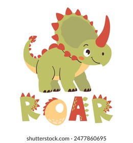 Vector children's illustration. Cute dinosaur and the inscription ROAR. Print for children's products 