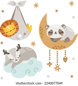 Vector children's illustration. Cute newborn animals sleeping. Baby deer sleeping on a cloud, lion cub in a diaper, panda sleeping on the moon