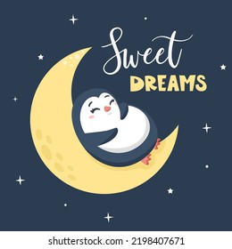 Ilustración de niños vectores. Pingüino lindo durmiendo en la luna, dulces sueños escribiendo. Ilustración de la impresión para niños 