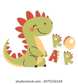 Vector children's illustration. Cute Terranosaurus and the inscription ROAR. Print for children's products 