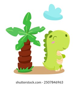 Vector children's illustration. Cute Terranosaurus and the palm. Print for children's products, Children's poster with a cute green dinosaur. Hand-drawn illustration with dino.