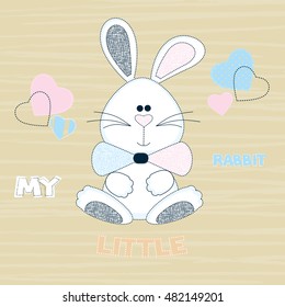 Vector children's illustration of a cute white bunny boy on a striped beige background with hearts.