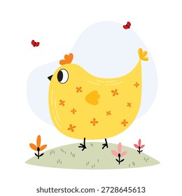 Ilustração infantil vetorial de uma galinha amarela fofa. Para crianças. A imagem é adequada para impressão em roupas, impressão em pratos, para design em um quarto de crianças.
