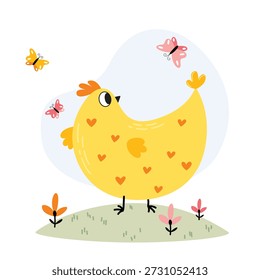 Vector children's illustration of a cute yellow chicken. Children's. The image is suitable for printing on clothes, printing on dishes, for design in a children's room.