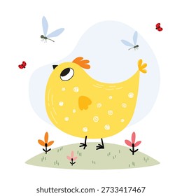 Vector children's illustration of a cute yellow chicken. Children's. The image is suitable for printing on clothes, printing on dishes, for design in a children's room.
