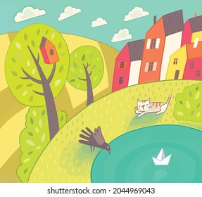 vector children's illustration. Decorative landscape. Spring and the town. Cat and bird