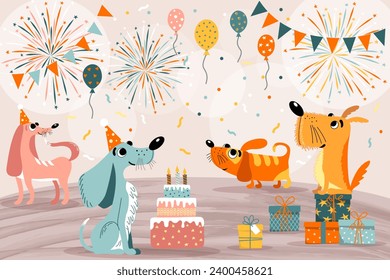 Vector children's illustration with dogs celebrating birthday. Concept of holiday, celebration, dogs. Suitable for illustrating books, photo wallpaper