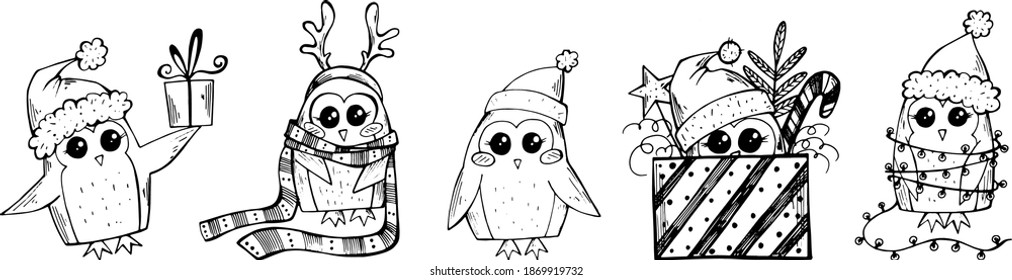 ilustración infantil vectorial en estilo doodle. Pingüinos de Navidad con regalos.