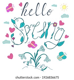 vector childrens illustration in doodle style - hello spring, cute lettering
