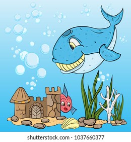 vector childrens illustration of the fish the blue whale, among the seaweed, the bubbles, undersea castle, under water, with shells