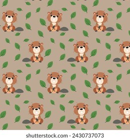 Vector children's illustration. Forest animals, Beavers and juicy twigs with leaves. The pattern for printing.