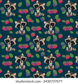 Vector children's illustration. Forest animals, Raccoons, raspberries and blackberries . The pattern for printing.