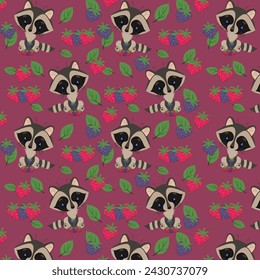 Vector children's illustration. Forest animals, Raccoons, raspberries and blackberries . The pattern for printing.