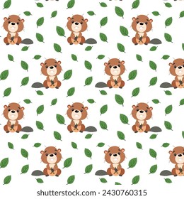 Vector children's illustration. Forest animals, Beavers and juicy twigs with leaves. The pattern for printing.