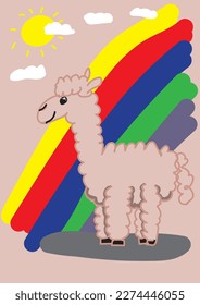Vector children's illustration. Happy llama. Behind the llama the colors of the rainbow, sun and clouds. Children's motif, animal. Motif for children's products, clothing and similar.