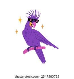 Vector children's illustration with the image of a bright purple cockatoo parrot in sunglasses. Kawaii character sitting on a branch. Exotic bird. Flat cartoon style. Isolated background for design.