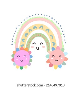 Vector children's illustration with the image of a rainbow and the sun. Cartoon postcard, poster.