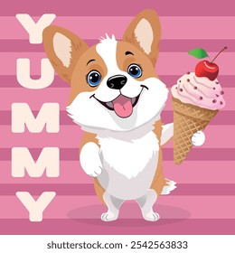 Ilustração infantil vetorial em estilo kawaii. Cachorro corgi bonito com sorvete em um fundo rosa com listras. Impressão para roupas, tecidos, trabalhos a céu aberto, pacotes