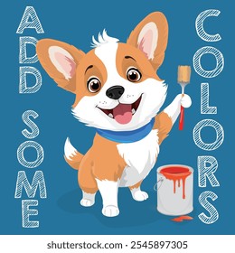 Vector children's illustration in kawaii style. Character of a cute Corgi puppy with a brush and paint, on a blue background. Print on clothes, fabric, postcards, children's drawing, bags, toys