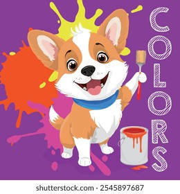 Vector children's illustration in kawaii style. Character of a cute Corgi puppy with a brush and paint, on a purple background with paint splashes