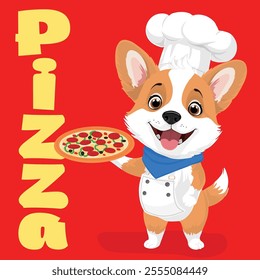 Vector children's illustration in kawaii style. Character cute puppy corgi with pizza, on a red background. Print on clothes, fabric, postcards, children's drawing, bags, toys