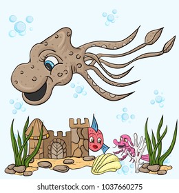 vector children's illustration of a large squid octopus, among the seaweed, the bubbles, undersea castle, under water, with shells