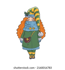 Vector children's illustration on hand-drawn,for banner stickers, Funny girl with red hair