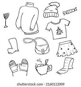 Ilustración infantil vectorial en mano,para pegatinas de pancartas, un conjunto de ropa para el tiempo frío